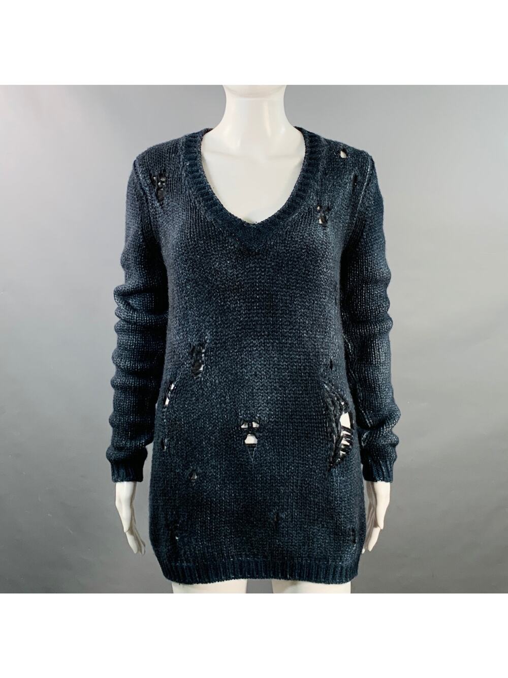 AVANT TOI Size S Navy Black Cashmere Knit Distressed V-Neck Sweater